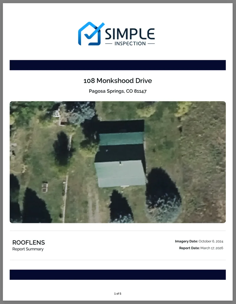 Simple Inspection RoofLens property report powered by PropertyLens data